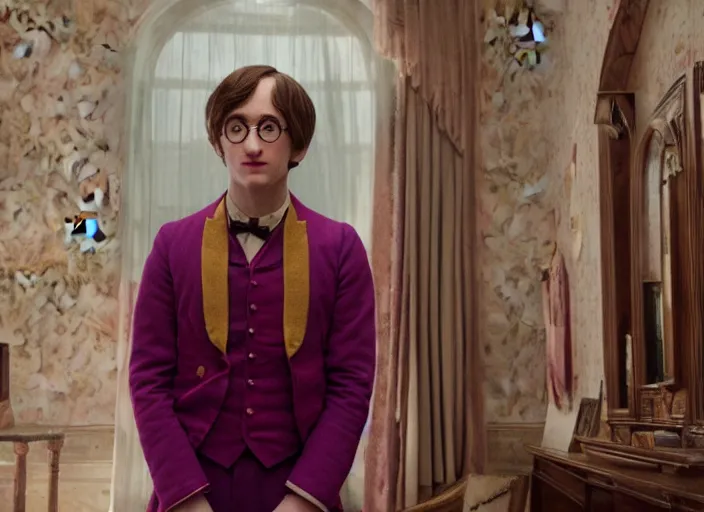 Prompt: a film still of cosplay of harry potter in the grand budapest hotel ( 2 0 1 4 ), 4 k