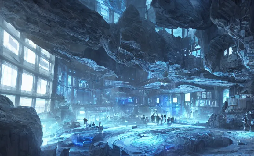Prompt: https : / / s. mj. run / tifk 3 swp 1 c 0 futuristic mining facility in a dark cave, digging, mining blue crystals, volumetric light, sci - fi buildings, cyberpunk machines, glass walls, intricate, highly detailed, trending on artstation, mate painting