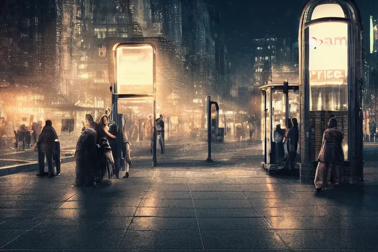 Image similar to the most amazing dream you ever had about some people waiting at lone bus stop in dark city night, hyper realistic, ambient lighting, concept art, intricate, hyper detailed, smooth, dynamic volumetric lighting, octane, cinematic