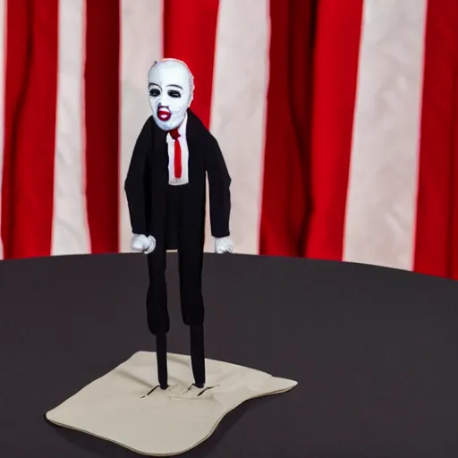 Image similar to string marionette of a president with clown makeup in a podium and a human shadow behind