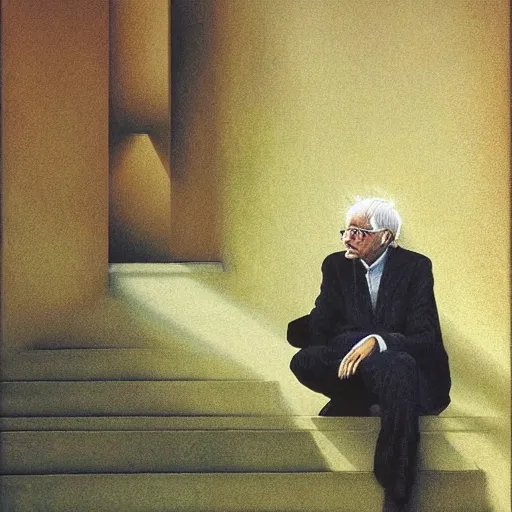 Prompt: a coherent award - winning beautiful!!! portrait of a calm bernie sanders smoking, sitting on temple stairs, painted by zdzislaw beksinski