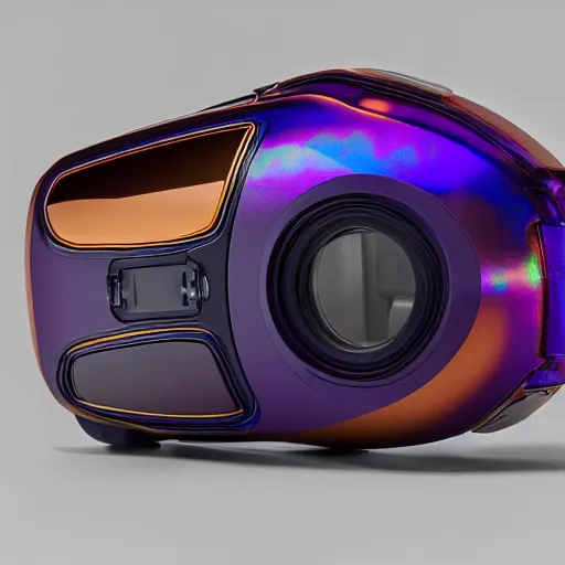 Image similar to award winning product photography, 3 5 mm lens, of a glossy orange metallic and shiny purple metallic shiny ergonomic hololens as off bugatti cheyvron, holographic display lenses, studio lighting,