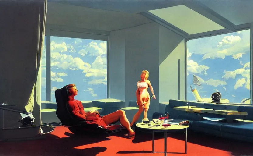 Image similar to a futuristic minimalist lounge room with a big window opening up to a wide open meadow with billowing clouds in the sky. highly detailed science fiction painting by norman rockwell, frank frazetta, and syd mead. rich colors, high contrast, gloomy atmosphere. trending on artstation.