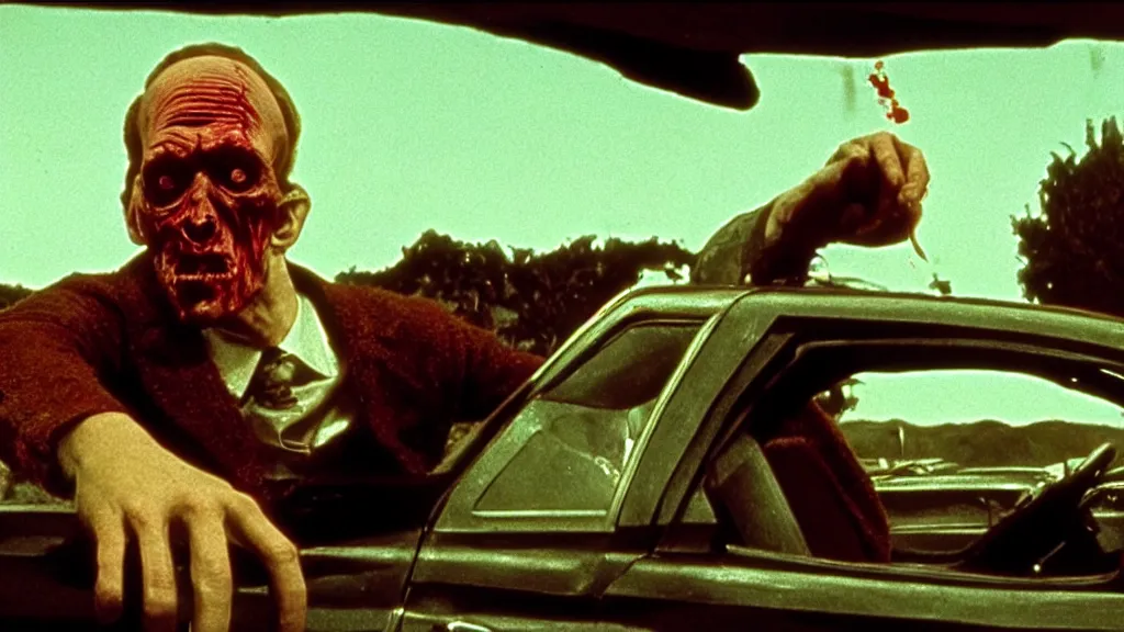 Image similar to the creature sells a used car, made of wax and blood, film still from the movie directed by Denis Villeneuve with art direction by Salvador Dalí, wide lens
