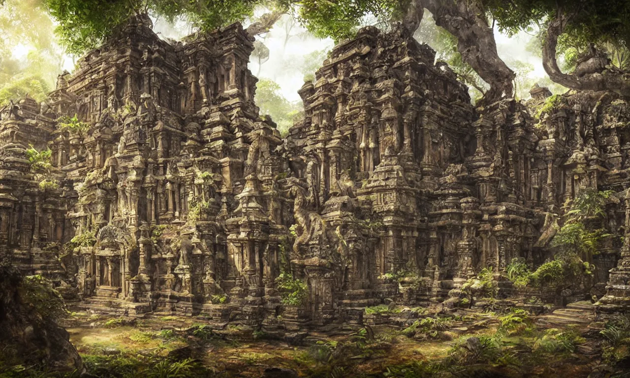 Image similar to hidden biomechanical ancient temple in a beautiful sri lankan landscape, concept art, intricate detail, volumetric shadows and lighting, realistic oil painting,