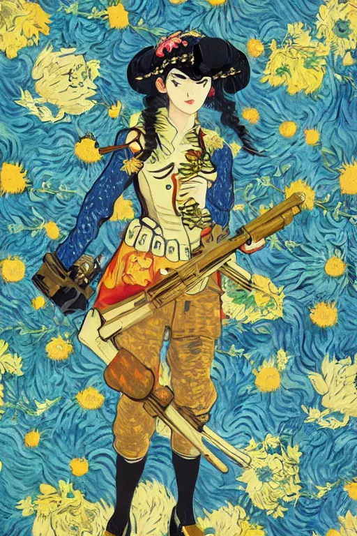 Prompt: beautiful anime goddess dressed as a military officer holding a gun, well - rendered, extra crisp, illustration pattern background with bizarre compositions and blend of flowers, fruits, birds by beto val painted by van gogh