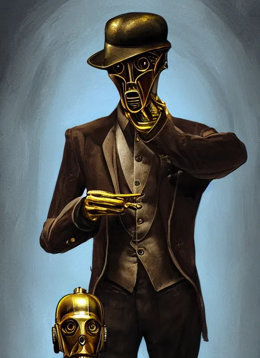 Prompt: C3PO wearing a Peaky Blinders suit and a flat cap, elegant, digital painting, concept art, smooth, sharp focus, illustration, from StarCraft by Ruan Jia and Mandy Jurgens and Artgerm and William-Adolphe Bouguerea