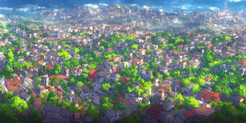 Prompt: beautiful view of a town from a hill, award - winning digital art, anime