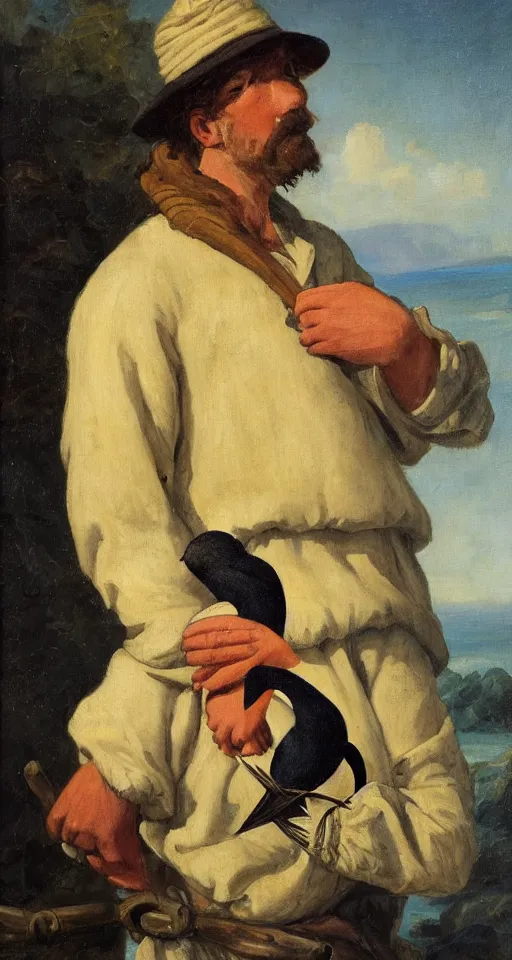 Prompt: romantic portrait painting of a fisherman with a cormorant on his shoulders, in romantic style, sfumato