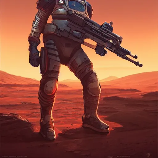 Image similar to space soldier on mars with a gun, space city with floating islands in the background, a highly detailed, digital painting, artstation, concept art, matte, sharp focus, illustration, art by artgerm and greg rutkowski, octane render