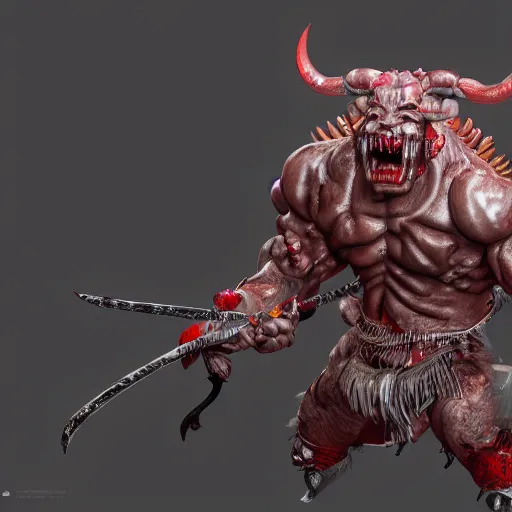 Image similar to an ultra detailed 3 d render of a japanese oni demon as a boss from nioh, shonen anime, 8 k, volumetric lighting, smooth, highly detailed, digital illustration, octane render, art by jeong seon and greg rutkowsi, artstation