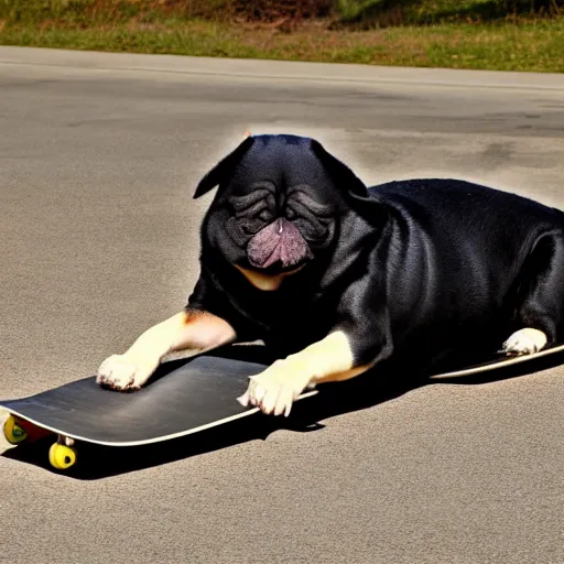 Image similar to morbidly obese dog riding a skateboard, photograph, 4 k