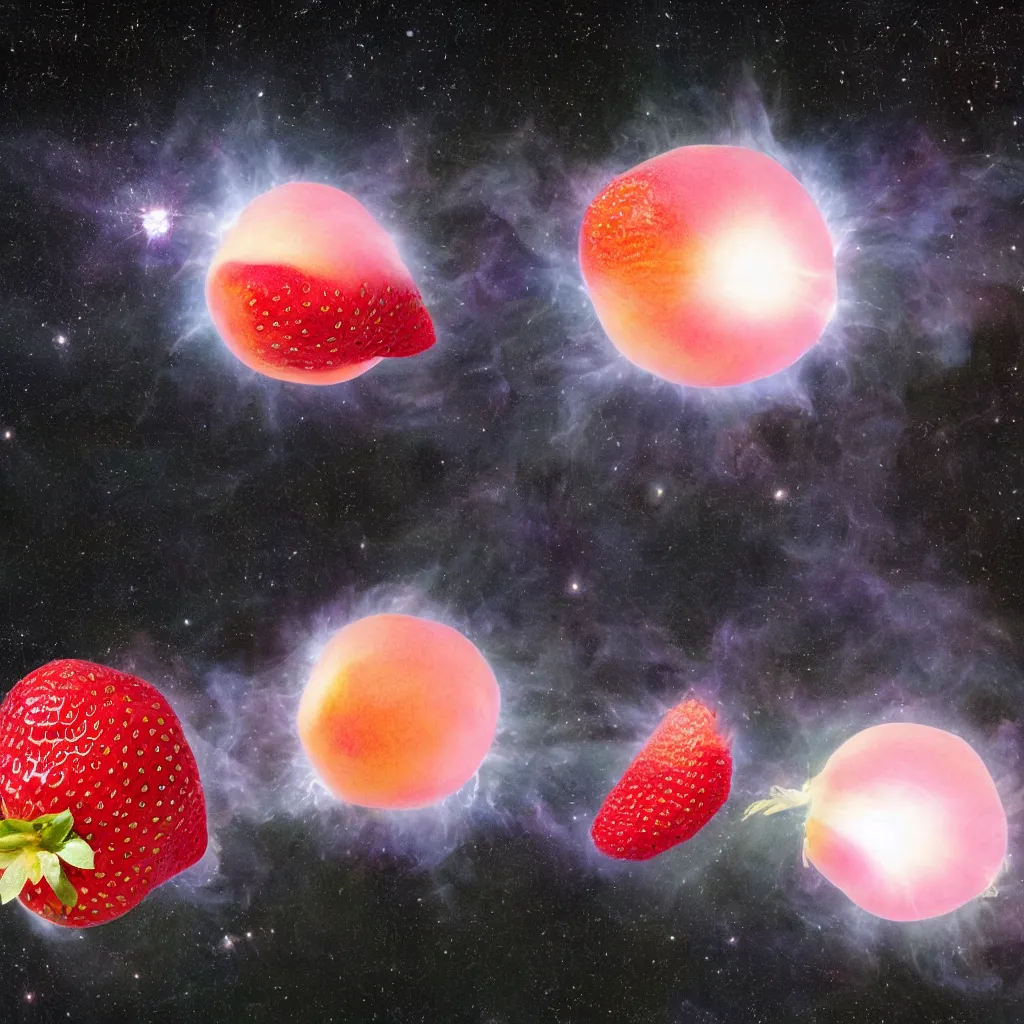 Image similar to a peach-like neutron star is bursting and throwing strawberry to all around