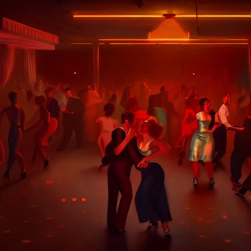 Image similar to 1 9 5 0 s night club with people dancing by otto dix and greg rutkowski and andreas rocha, cinematic lighting, warm colours, ultra realistic, unreal engine, trending on artstation, 4 k