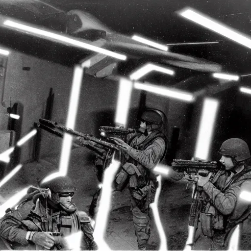 Prompt: U.S. military men in a battle using holographic warrrfare and electronic psychotronic laser devices