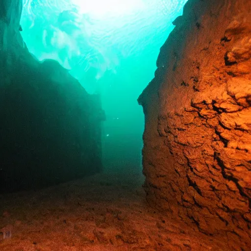 Image similar to photo of dangerous dark depths of an ancient underwater cave liminal