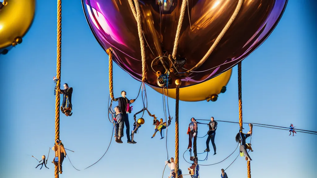 Prompt: large colorful futuristic space age metallic steampunk balloons with pipework and electrical wiring around the outside, and people on rope swings underneath, flying high over the beautiful adelaide city landscape, professional photography, 8 0 mm telephoto lens, realistic, detailed, photorealistic, photojournalism