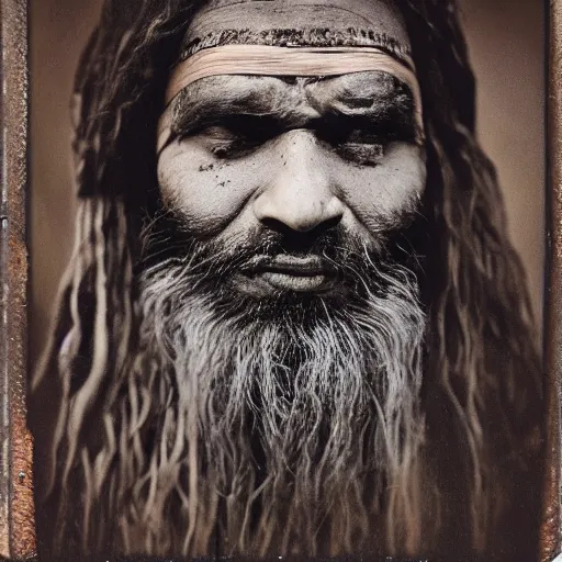 Image similar to realistic exposed polaroid film portrait of aghori sadhu covered in ash, hyperrealism, hypermaxiymalism, photorealistic, detailed, atmospheric, 8 k, award winning photography, cinematic