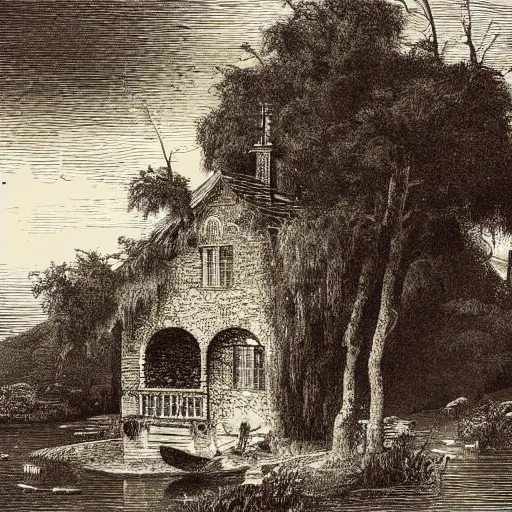 Image similar to the house by the lake, illustration by Gustav Doré