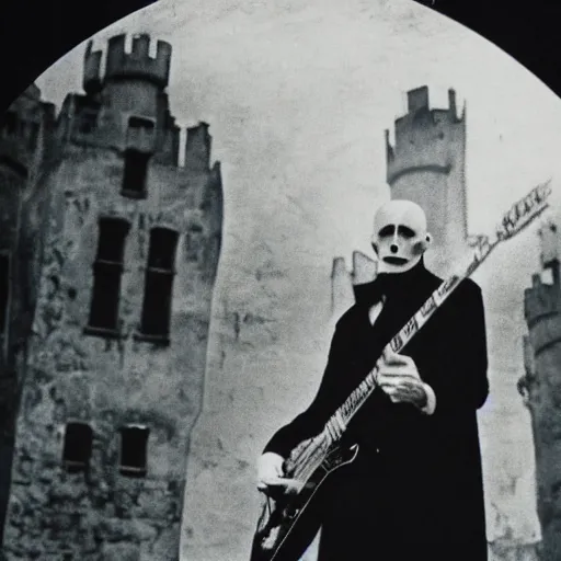 Image similar to vintage photograph of count orlok outside his castle, playing the blues on guitar, castle in the background, 4 k