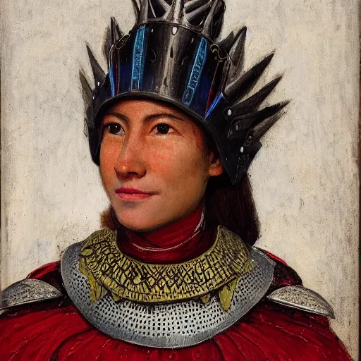 Prompt: head and shoulders portrait of a female knight, quechua!, cuirass, tonalist, symbolist, realistic, baroque, detailed, modeled lighting, f 3 2, 4 0 0 mm, vignetting, indigo and venetian red, angular, smiling, eagle