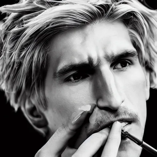 Prompt: a closeup photo of really handsome xqc smoking,