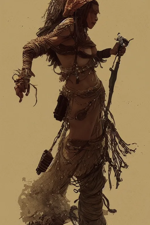 Image similar to a full body portrait of a beautiful post apocalyptic offworld desert bedouin blind barbarian leper by the road, intricate, elegant, highly detailed, digital painting, artstation, concept art, smooth, sharp focus, illustration, art by krenz cushart and artem demura and alphonse mucha