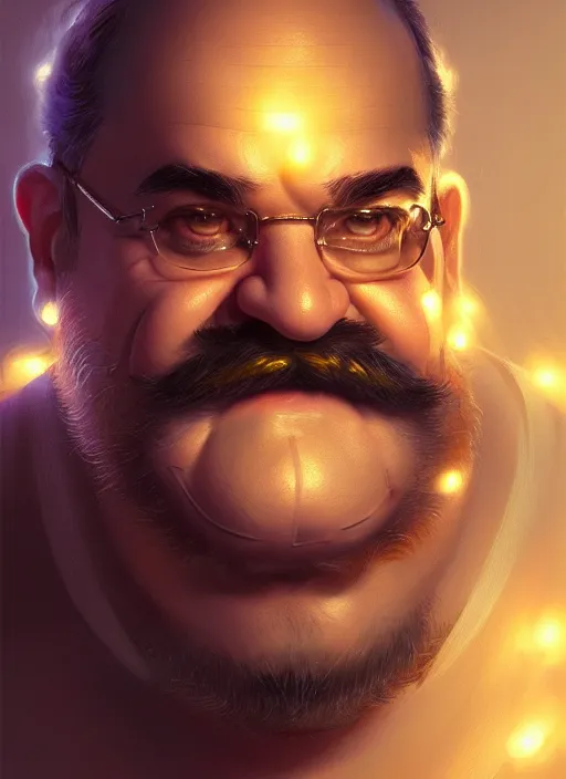 Image similar to realistic portrait of wario, intricate, elegant, glowing lights, highly detailed, digital painting, artstation, concept art, smooth, sharp focus, illustration, art by wlop, mars ravelo and greg rutkowski