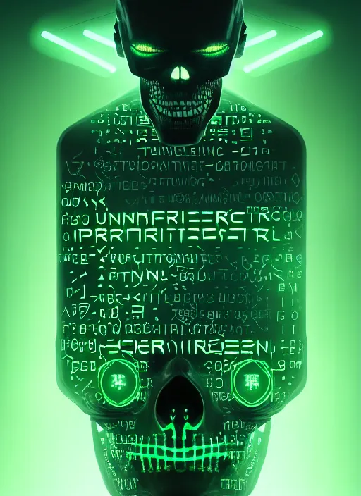 Image similar to portrait of futuristic cyber bionic skeleton writing runes into tombstones, runes, runic words, ancient evil letters, glowing green, intricate, elegant, glowing lights, highly detailed, digital painting, artstation, concept art, smooth, sharp focus, illustration, art by wlop, mars ravelo and greg rutkowski