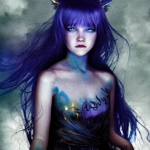 Prompt: The dragon girl portrait, portrait of young girl half dragon half human, dragon girl, dragon skin, dragon eyes, dragon crown, blue hair, long hair, highly detailed, cinematic lighting, by David Lynch and Sofia Coppola