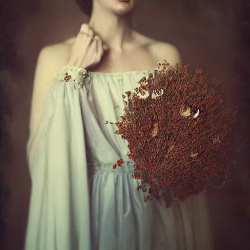 Image similar to fine art photo of catherine diana ; princess of wales, she has a crown of dried flowers, by oleg oprisco