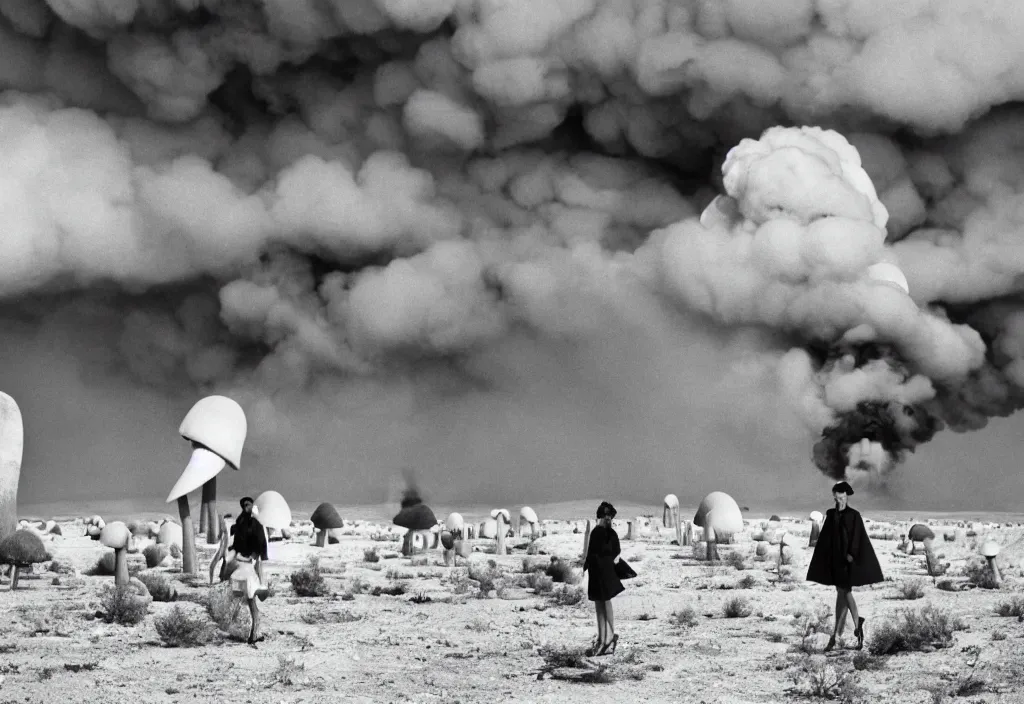 Image similar to fashion editorial in Nevada nuclear test site. gigantic mushroom cloud explision. 1956. highly detailed. depth of field. high definition. 8k. photography.