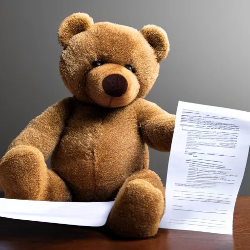 Image similar to teddy bear looking at his termination letter, screaming at it in silence,