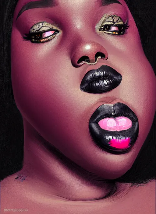 Prompt: portrait of a plump african woman with a crooked nose and a confident expression, 1 9 6 0 s, black clothes, goth, punk, brightly coloured hair, funk, intricate, elegant, highly detailed, digital painting, artstation, concept art, smooth, sharp focus, illustration, art by wlop, mars ravelo and greg rutkowski