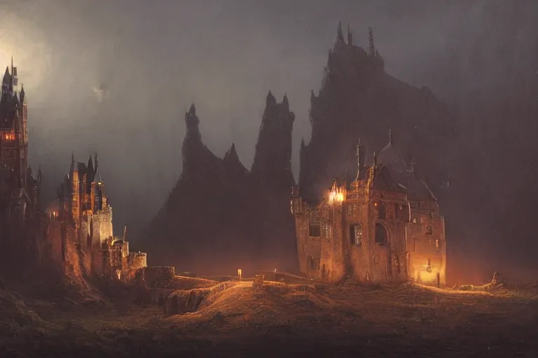 Image similar to a castle at night being lit up by the fire of a dragon, Les Edwards, Zdzislaw Beksinski, Carl Gustav Carus, John Harris, Michal Karcz, Zhang Kechun, Mikko Lagerstedt, Scott Listfield, Steven Outram, Jessica Rossier