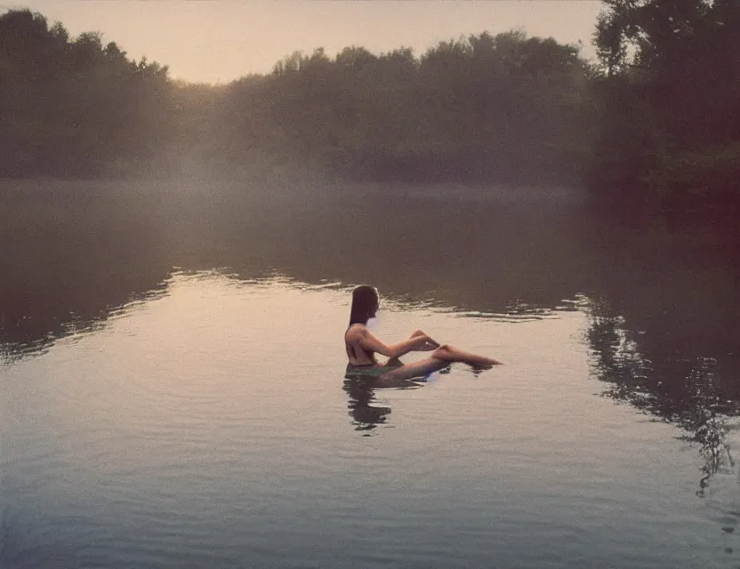 Prompt: woman swimming in the lake, country style, Cinematic focus, Polaroid photo, vintage, neutral colors, soft lights, foggy, by Steve Hanks, by Andrei Tarkovsky, by Terrence Malick, 8k render, detailed, oil on canvas, wide shot
