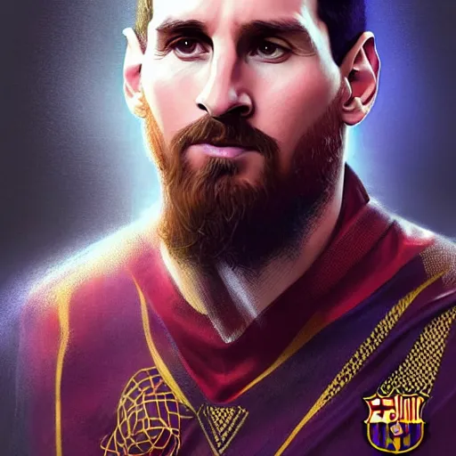 Image similar to lionel messi wearing islamic clothes, d & d, fantasy, intricate, elegant, highly detailed, digital painting, artstation, concept art, matte, sharp focus, illustration, art by artgerm and greg rutkowski and alphonse mucha