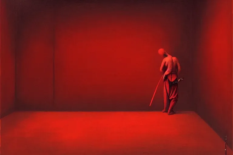 Image similar to only with red, a red samurai do seppuku, tokio, a lot of frogs watch, in the style of beksinski, parts by edward hopper, parts by rodcenko, parts by yue minjun, intricate and epic composition, red by caravaggio, insanely quality, highly detailed, masterpiece, red light, artstation, 4 k