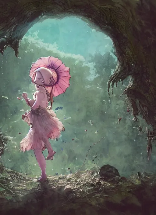 Image similar to A fat goblin princess with a tattered pink tutu, mushroom parasol watercolor, dramatic lighting, cinematic, establishing shot, extremely high detail, foto realistic, cinematic lighting, pen and ink, intricate line drawings, by Yoshitaka Amano, Ruan Jia, Kentaro Miura, Artgerm, post processed, concept art, artstation, matte painting, style by eddie mendoza, raphael lacoste, alex ross