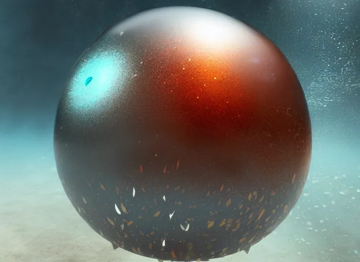 Image similar to metal sphere underwater in the lake of an alien planet, digital art, detailed, artgerm, artstation, deviant art, by kim keever