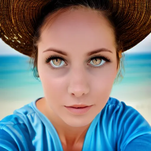 Prompt: a portrait of a beautiful woman relax on the beach, symmetrical face, beautiful eyes