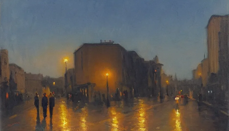 Image similar to painting by artemov leonid, evening landscape in the city and two people on the road