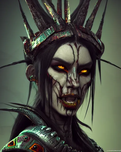 Prompt: beautiful headshot of the psychotic aztec nightmare queen, realistic render, unreal engine, cgsociety, trending on deviantart, cinematic lighting, highly detailed