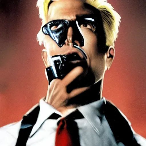 Image similar to Duke Nukem as The American Psycho, staring intensely, cinematic still