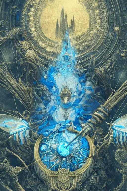 Prompt: flying blue crystals, in style of Dark Souls 3, insanely detailed and intricate, golden ratio, elegant, ornate, luxury, elite, ominous, haunting, matte painting, cinematic, cgsociety, James jean, Brian froud, ross tran, Laputa, vivid and vibrant