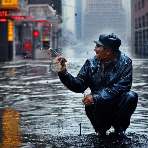 Image similar to closeup portrait of a man fishing in a puddle rainy new york street, by Steve McCurry and David Lazar, natural light, detailed face, CANON Eos C300, ƒ1.8, 35mm, 8K, medium-format print