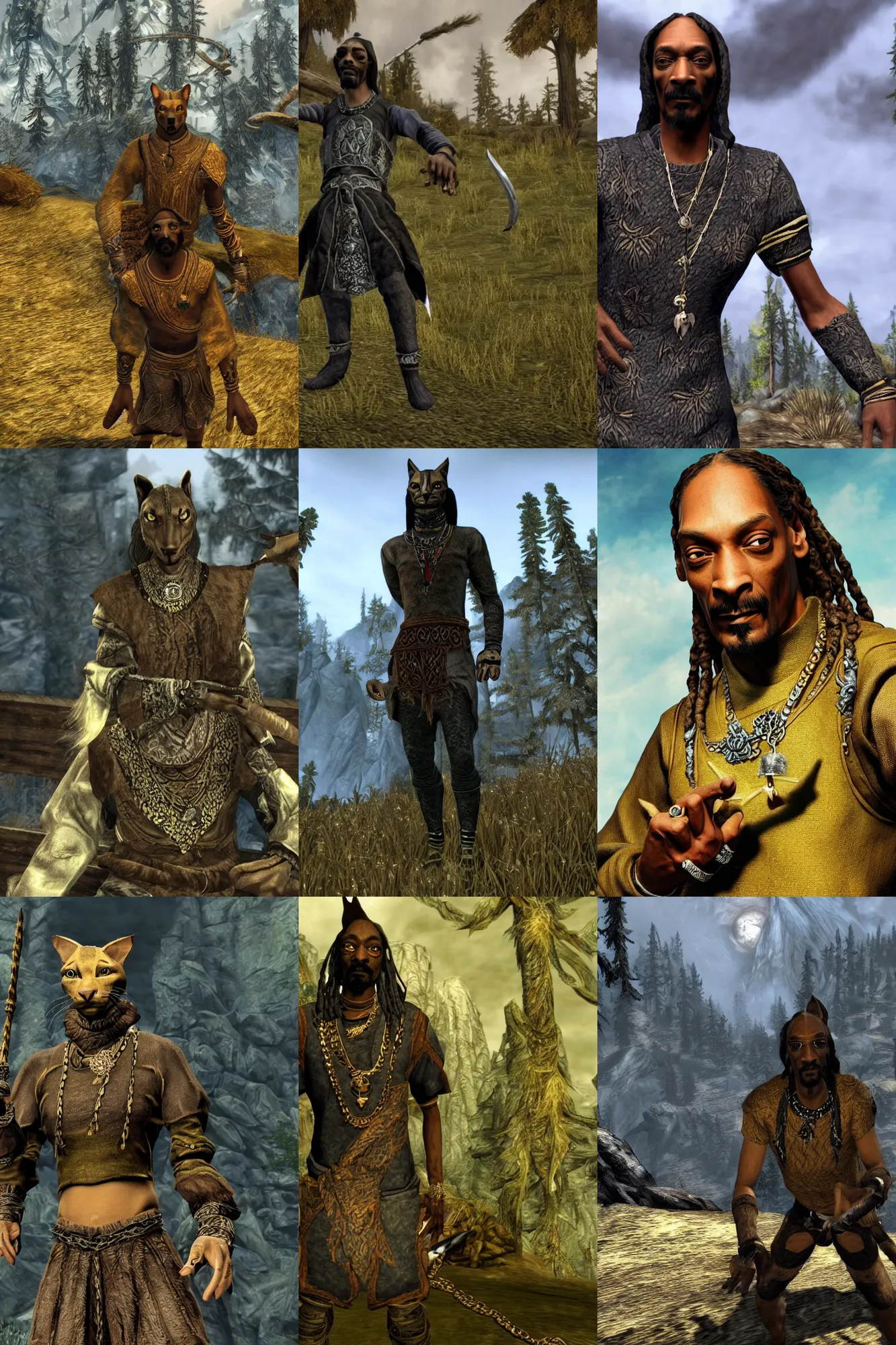 Prompt: snoop dogg as a khajiit in skyrim, screenshot