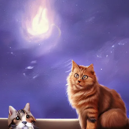 Prompt: A painting of a dog and a cat staring up at the night sky, artstation, cgsociety, 8k