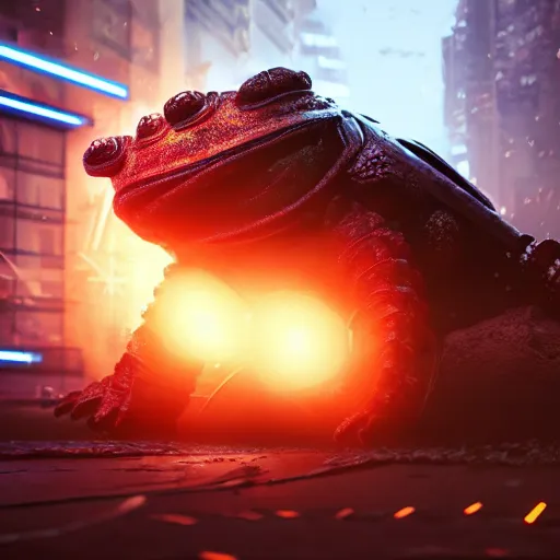 Image similar to a photo of a huge wide toad in a futuristic armor with glowing katana sword, cyberpunk, hyper realistic, hyper detailed, volumetric lightning, grainy film, octane render, 8k, raytracing