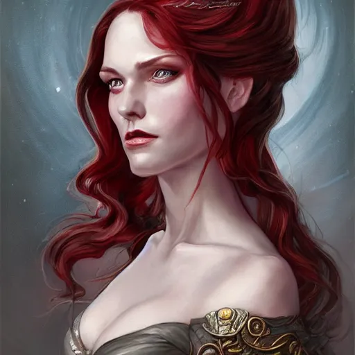 Image similar to a detailed matte head - on portrait painting of an middle - aged tiefling elegant and distinguished noblewoman with golden eyes and short long flowing red hair, by charlie bowater, lise deharme, wlop, tending on arstation, dungeons and dragon, dnd, pathfinder, fanart, oil on canvas